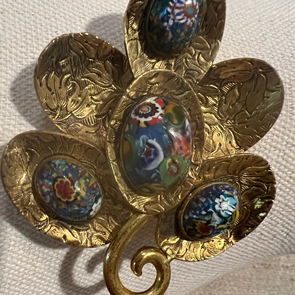 Vintage 1920’s Estate Millefiori Glass Embossed Leaves Dress Clip